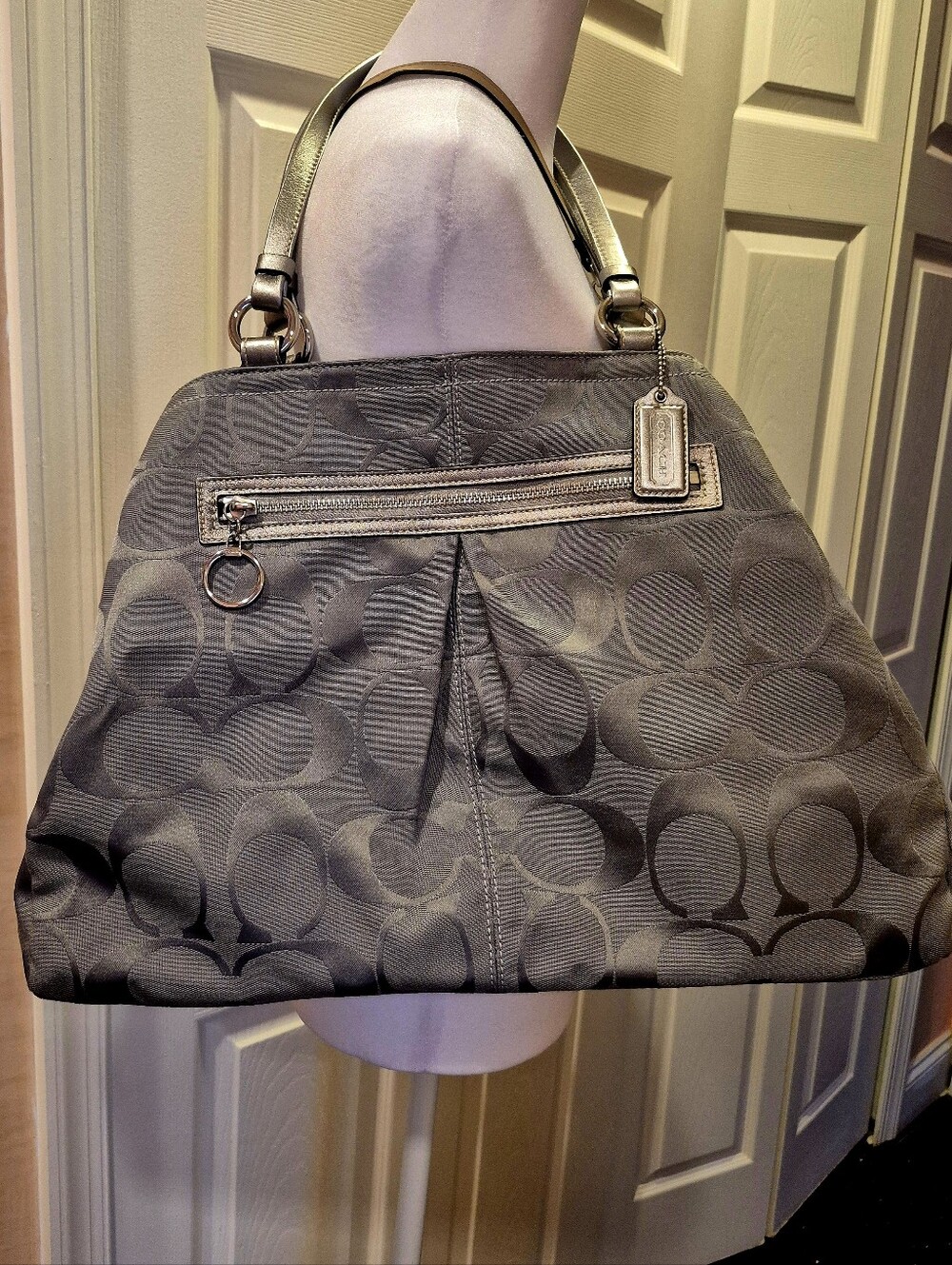 Coach Gray Signature Jacquard Tote with Metallic Trim